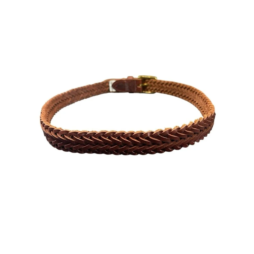 VTG Old Navy Kids Brown Braided Leather Belt Brass Buckle Woven Size L Y2K